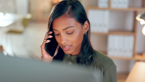 phone call, talking and business woman in office