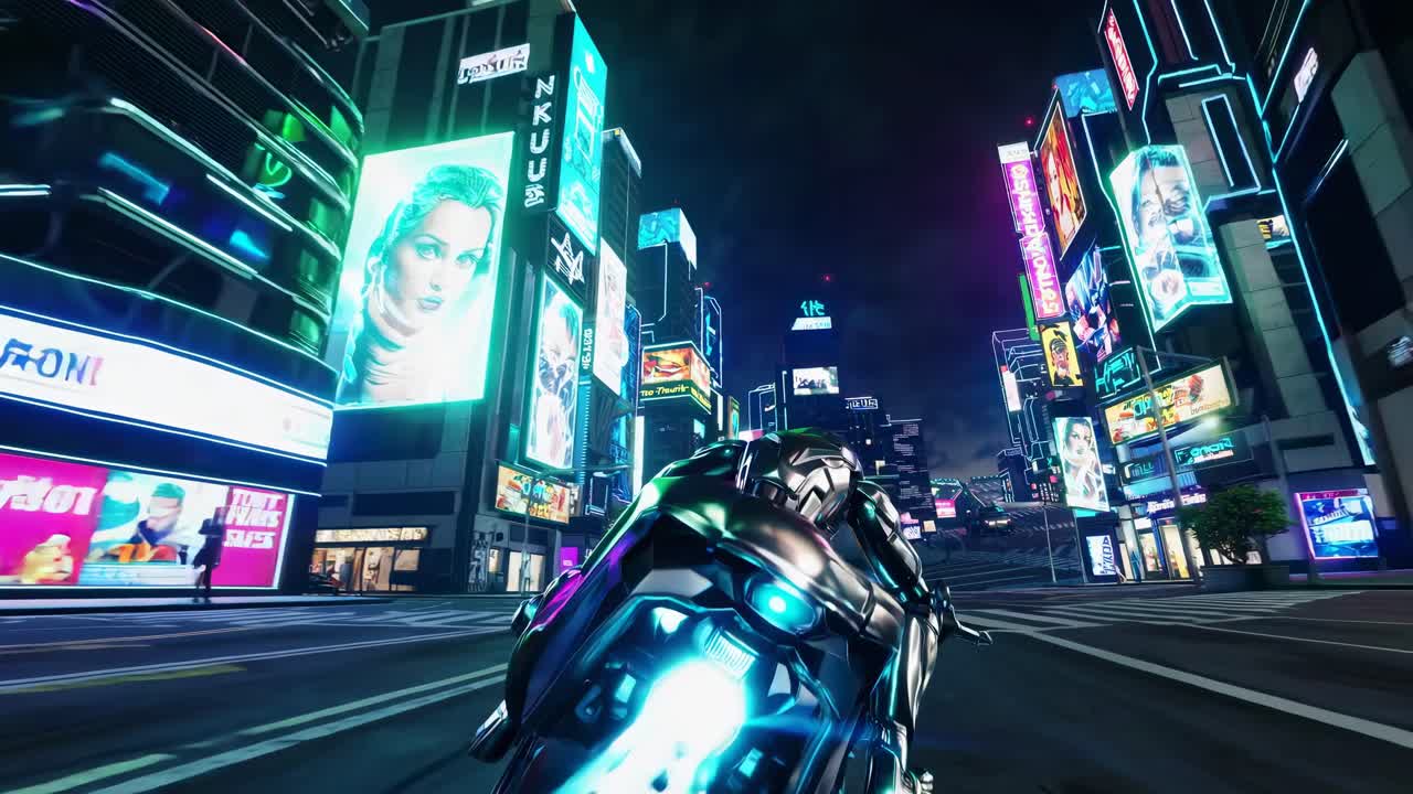 Futuristic cityscape video with a low-angle view of a motorbike speeding through neon-lit streets