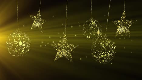 Animation-of-christmas-gold-stars-and-snow-falling-on-brown-background