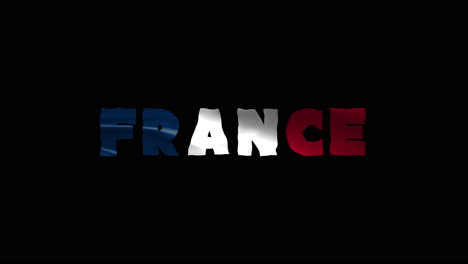 france country wiggle text animation lettering with her waving flag blend in as a texture - black screen background chroma key loopable video