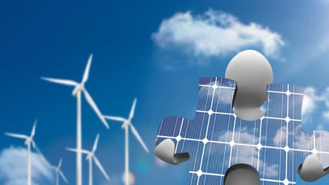 animation of piece of puzzle with solar panels and stick figure over wind turbines