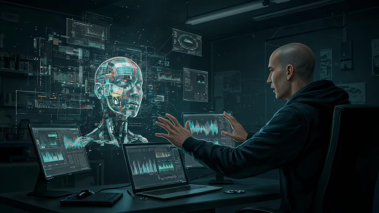 Engaging in robotic interaction in a high-tech lab environment showcasing advanced AI technology and human-machine collaboration