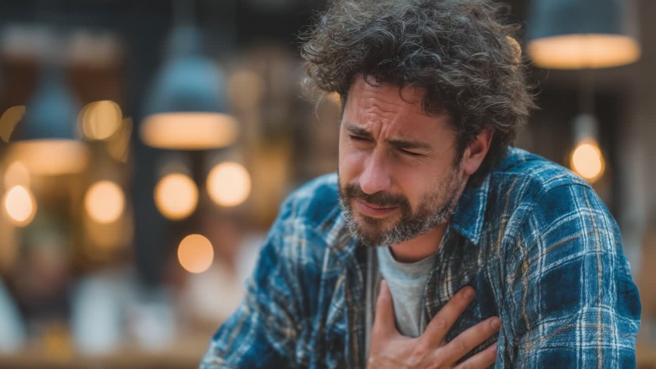 A man experiences discomfort, gripping his chest in distress, while surrounded by soft lighting in a cozy setting, highlighting his emotional turmoil and struggle with anxiety