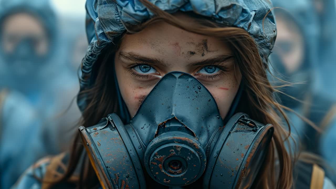 Detailní portrét dívky s opotřebovanou plynovou maskou. Portrét mladé osoby v ochranné respirátorové masce a modré kapuci se špínou na obličeji, dívající se do kamery.