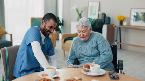 Wheelchair,-old-woman-or-caregiver-laughing