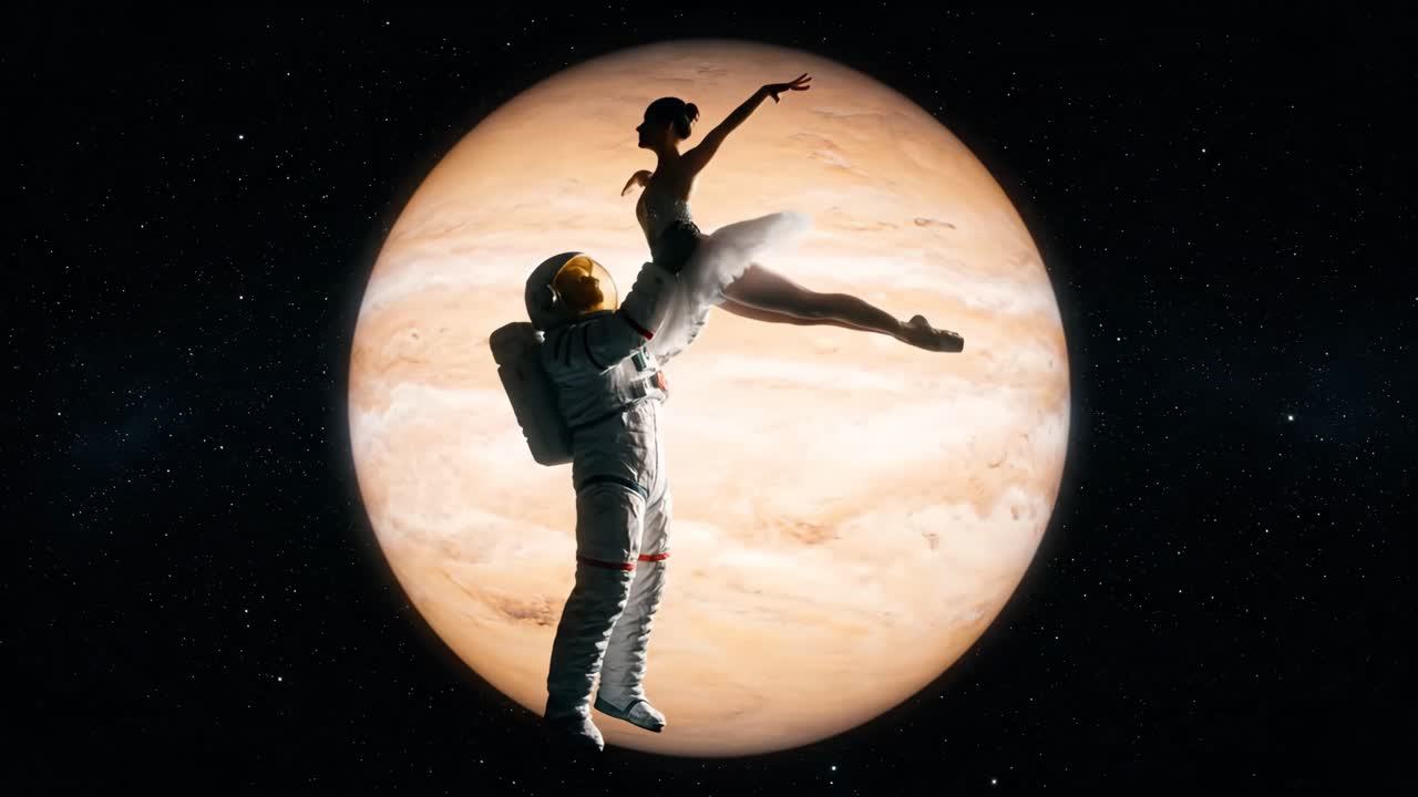 En astronaut og en ballerina, der danser i rummet
