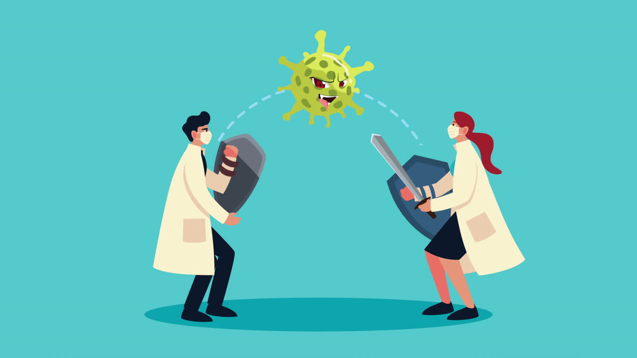 пара врачей в медицинских масках с щитами и мечами