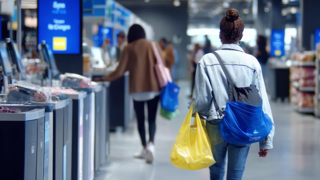A shopper explores the aisles of a modern supermarket, showcasing vibrant shopping bags while navigating through checkout lanes filled with various products and shoppers in the background