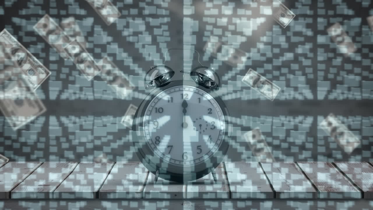 animación de carpetas, candado de seguridad y reloj sobre billetes de dólar que caen