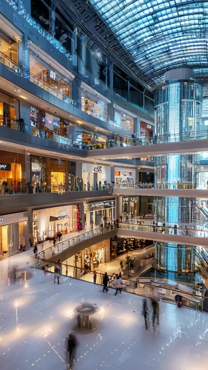 Stunning Multilevel Shopping Mall Interior Showcasing Modern Architecture, Elegant Design Elements, and Vibrant Retail Spaces Under a Glass Roof