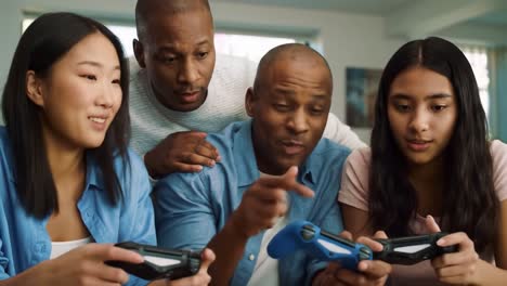 exciting multiplayer gaming session with friends: a group of four engaged in an intense video game battle, sharing laughter and strategy in a cozy living room