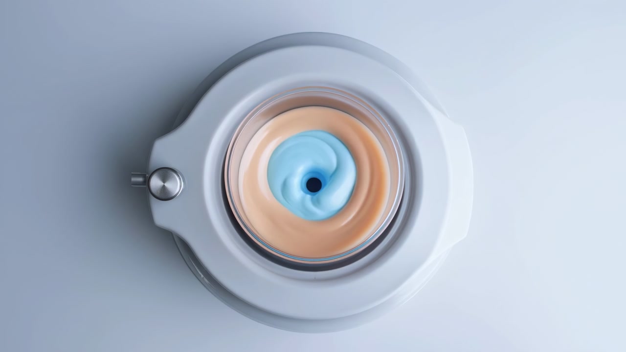 Overhead sequence shows bright blue material expanding from center as thick peach mixture spins around it, creating a soft circular color transition inside clean white appliance housing.