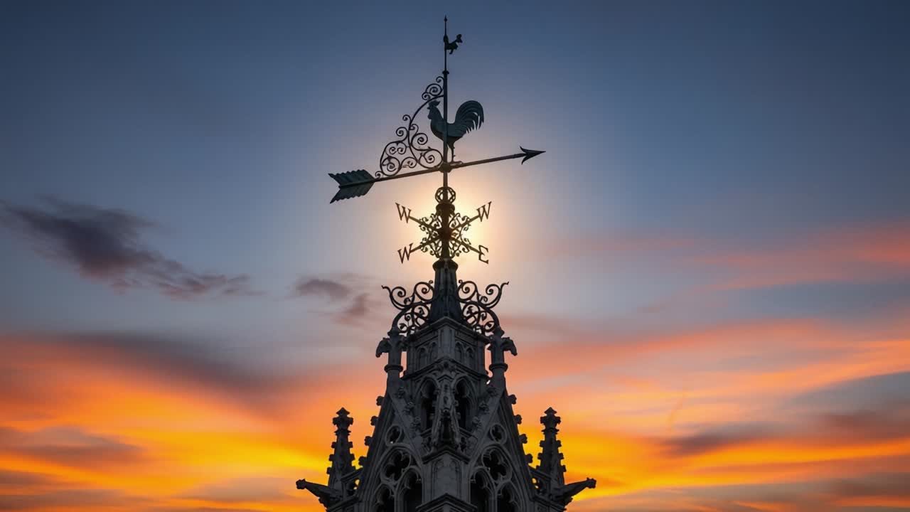 A Majestic Weathervane Against a Stunning Sunset Sky: Capturing the Beauty of Architectural Features at Dusk