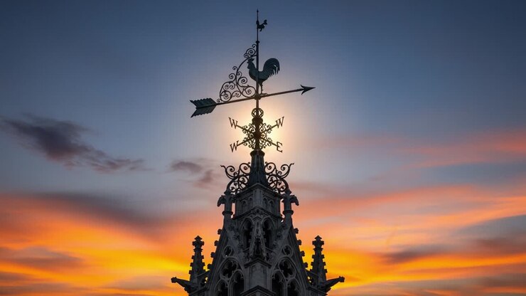Una maestosa banderuola segnavento su uno splendido cielo al tramonto: cattura la bellezza degli elementi architettonici al crepuscolo