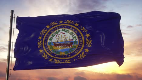 flag of new hampshire waving in the wind against deep beautiful sky at sunset