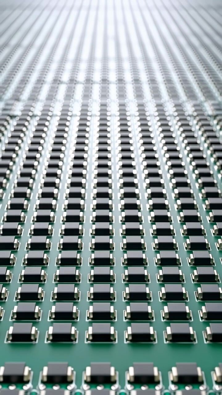 Close macro perspective widens over orderly rectangular components fixed to green board, with silver terminals catching soft light while parallel rows fade toward a bright blurred background.