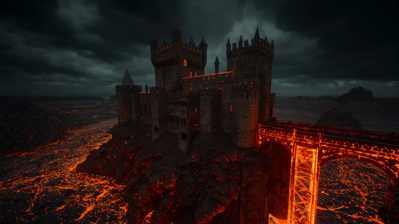 Camera panning from wide shot of fortress perched on lava cliff, revealing bridge and lava flows