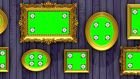 galería de imágenes animación 3d. marcos de imágenes de oro en fondo de madera púrpura. la cámara se mueve a lo largo de la pared, bucle sin costuras. marcadores de seguimiento de movimiento y pantalla verde incluidos.