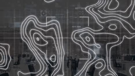 Animation of white frame and moving shapes over office