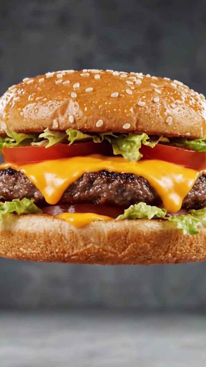 Hamburger delizioso e succoso con ingredienti freschi e formaggio fuso, catturato in una presentazione cinematografica fluttuante per un effetto acquolina in bocca