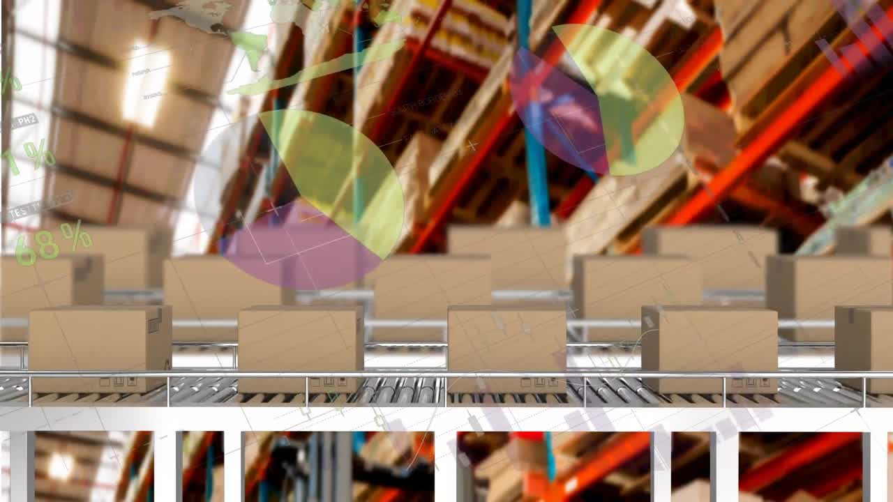 анимация обработки статистики над картонными коробками на конвейерных лентах на заднем плане