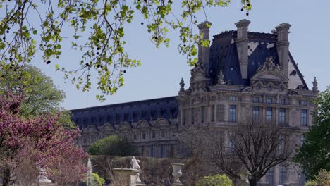 wide angle view of louvre museum facade framed by flowers during summer in paris.