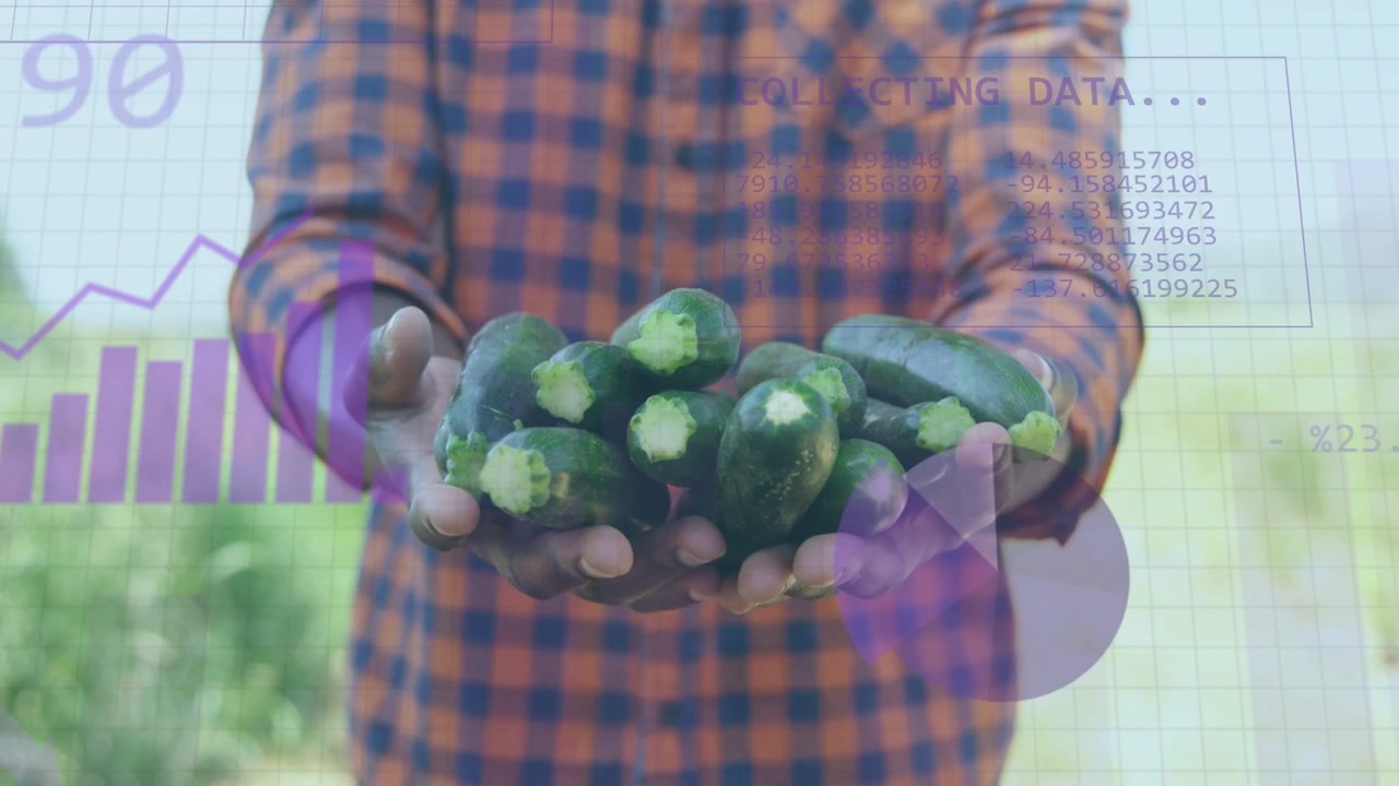 Video vertical: Cultivador ajustando el agarre, manos extendidas ofreciendo productos, mostrando datos alrededor de las manos.
