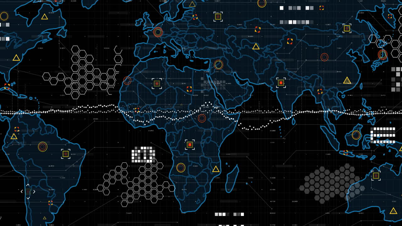 Animation of digital data processing over world map on dark background