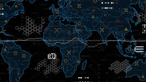 Animación-Del-Procesamiento-De-Datos-Digitales-Sobre-El-Mapa-Mundial-Sobre-Fondo-Oscuro