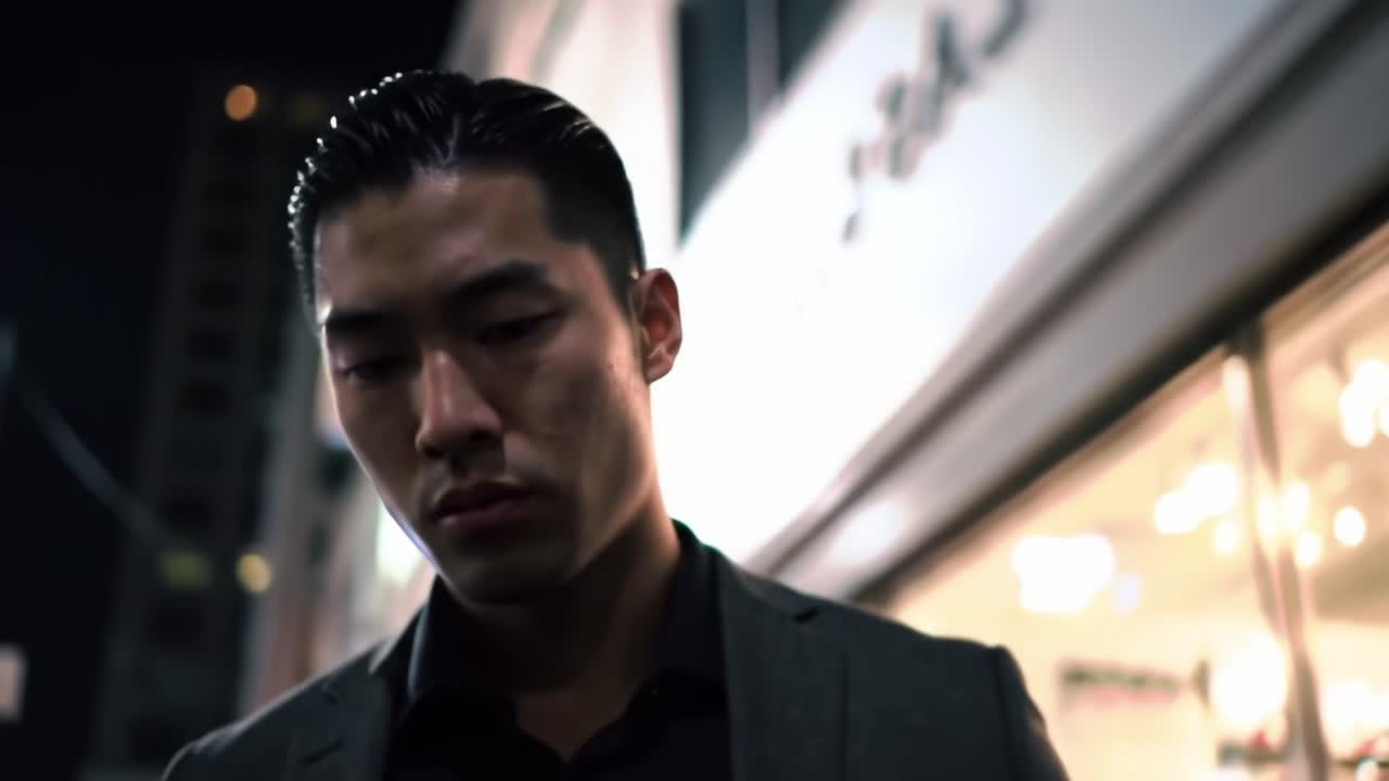 A contemplative moment in urban nightlife, capturing a man dressed in a stylish suit, deep in thought as city lights create a vibrant backdrop for introspection