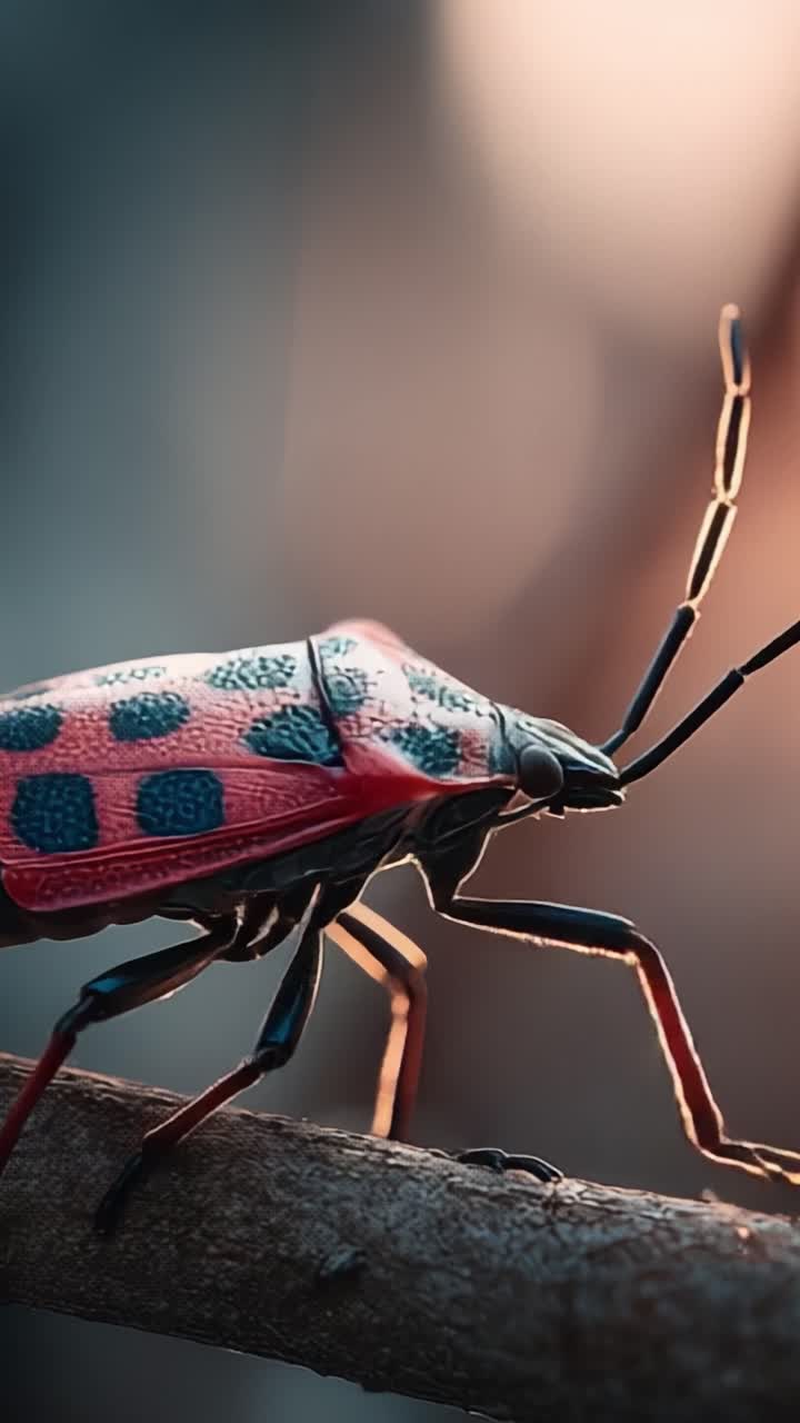 Nærbillede af et farverigt insekt, der viser levende mønstre og detaljer på en kvist i aftenlyset, hvilket fremhæver naturens indviklede design.