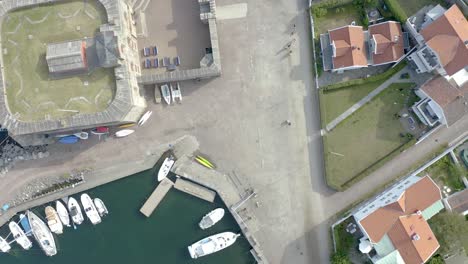 drone flight over a small boat harbou