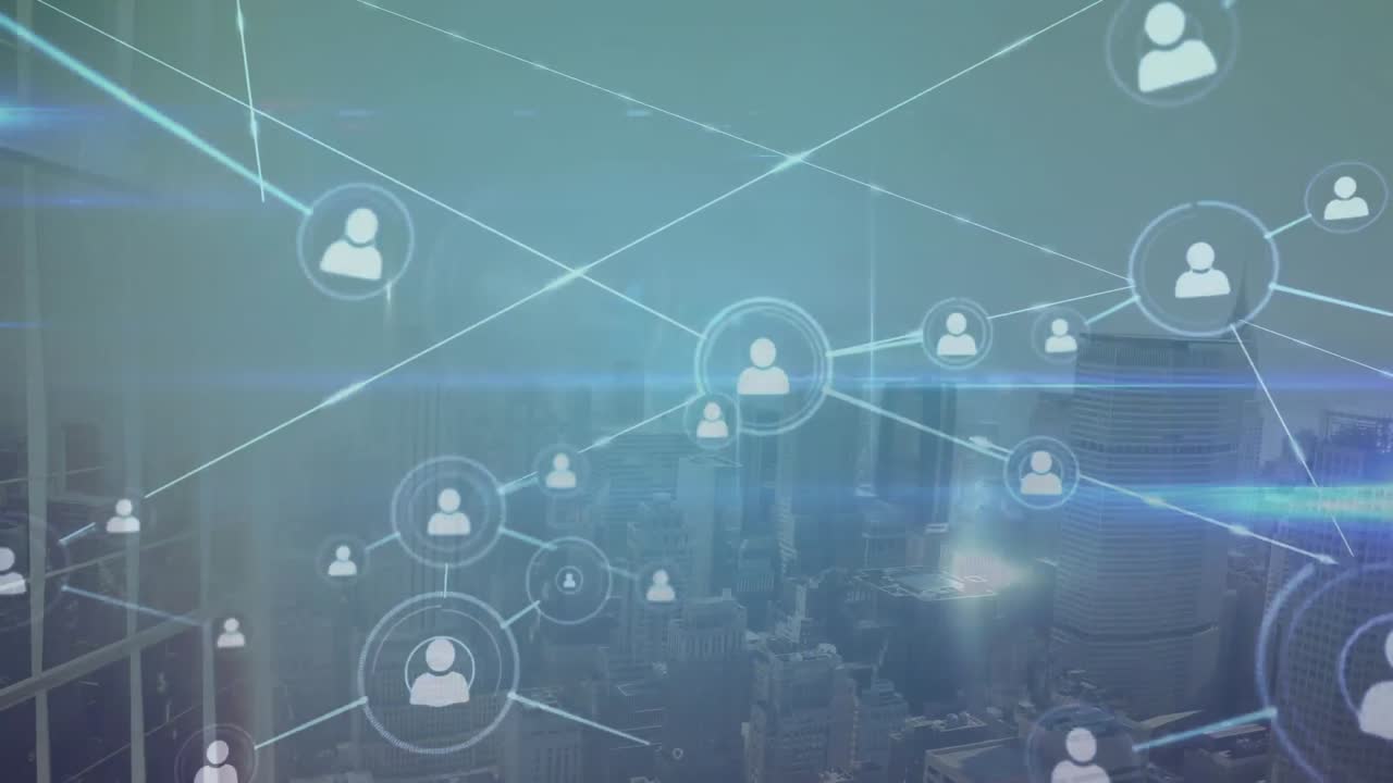 都市風景上のアイコンと人々との接続のネットワークのアニメーション