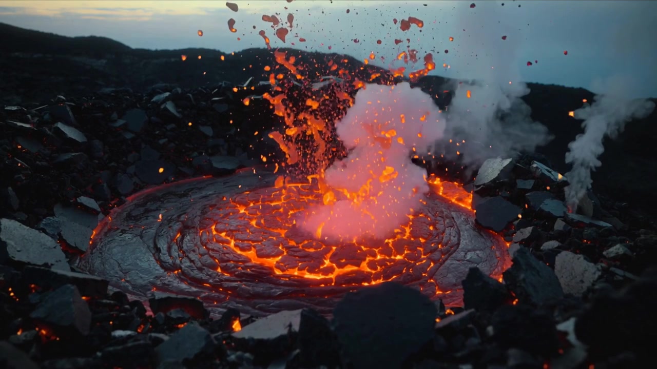Releasing gas, lava pool ejecting glowing spatter at crater, with steam plume, sending lava bombs