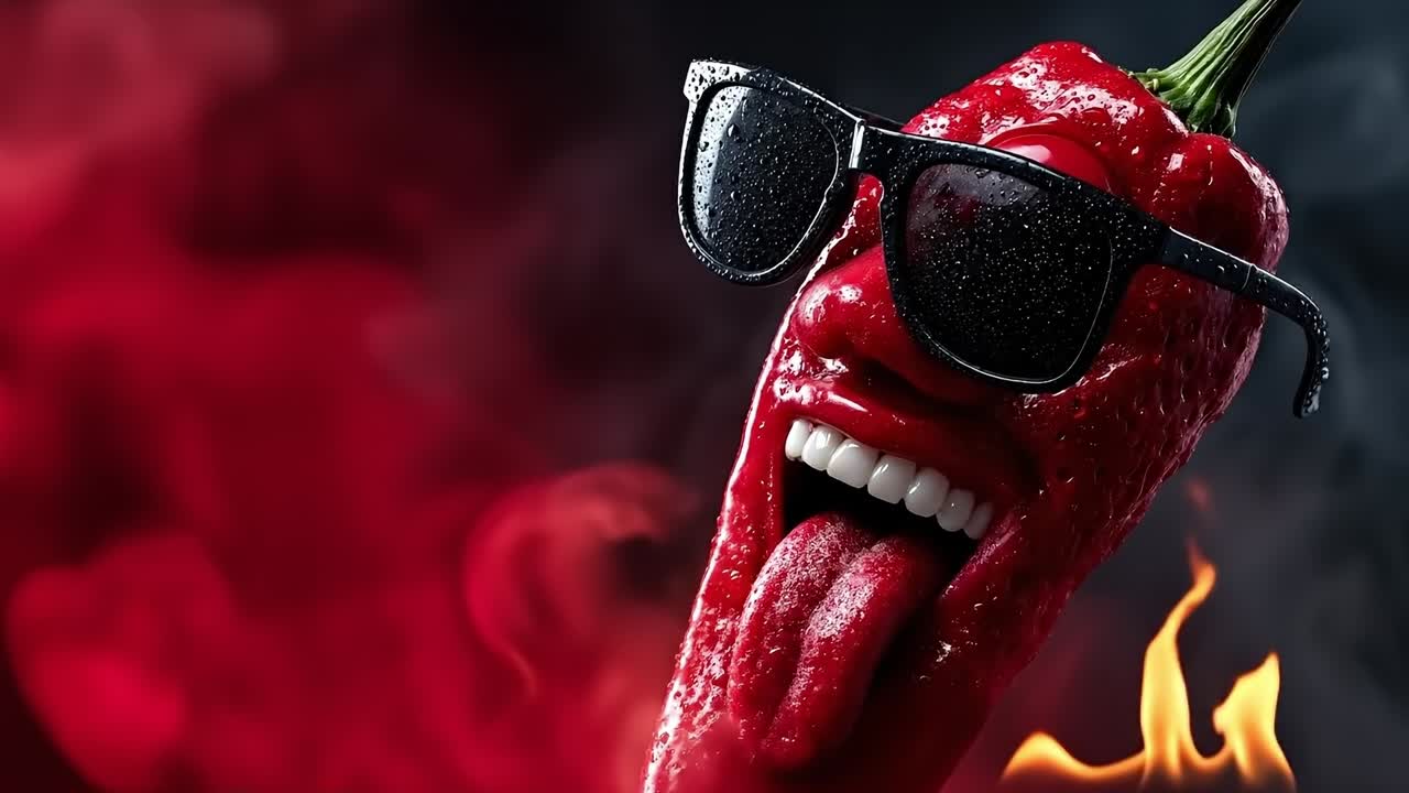 A red pepper with sunglasses sticking out of it's mouth