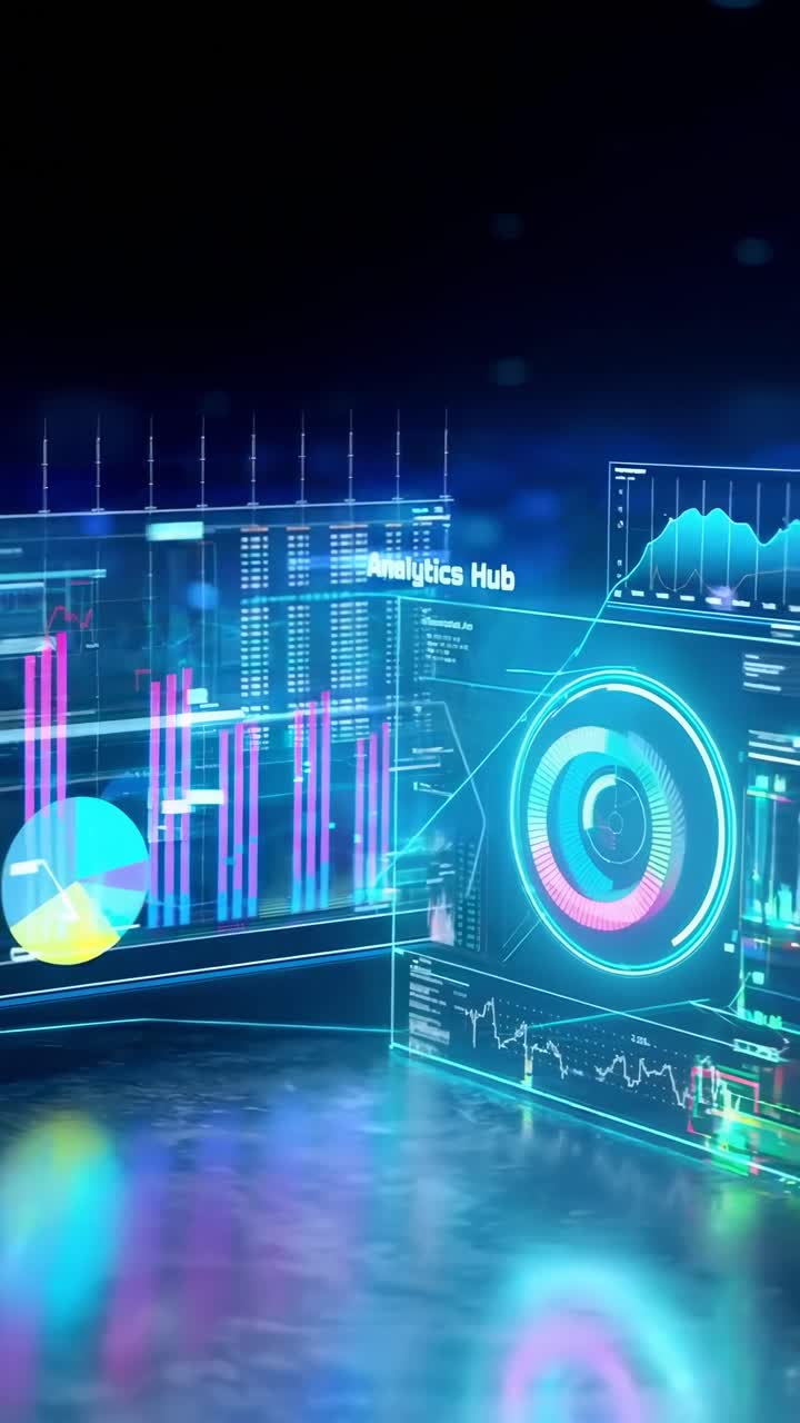 Futuristic analytics hub video with neon graphs, captured from a low-angle perspective