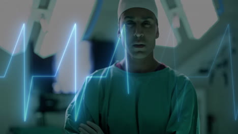 animación de procesamiento de datos sobre cirujano caucásico en el hospital
