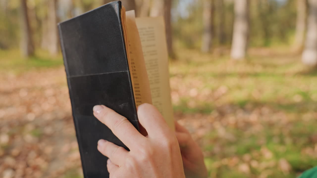 Manos en el bosque de camping hojeando una cubierta negra, primer plano de dedos manipulando la cubierta de un libro encuadernado en cuero mientras está sentado entre abedules, luz cálida de la tarde, hojas esparcidas por el suelo, concentrado y contemplativo.