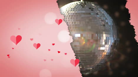 creating festive atmosphere, animation of disco ball with hearts on pink background