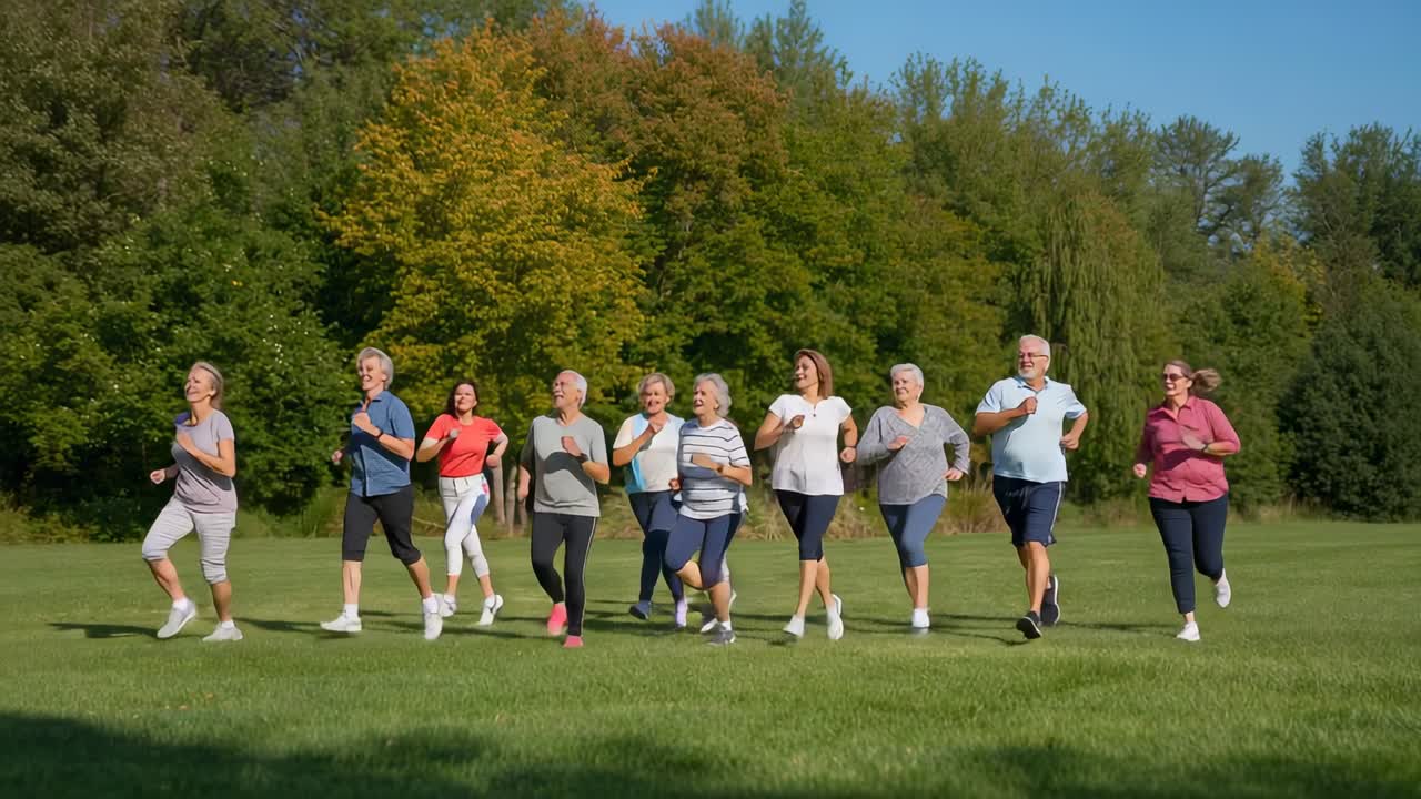 Jogging seniors starting at trees moving toward camera across park lawn, wearing shoes for exercise