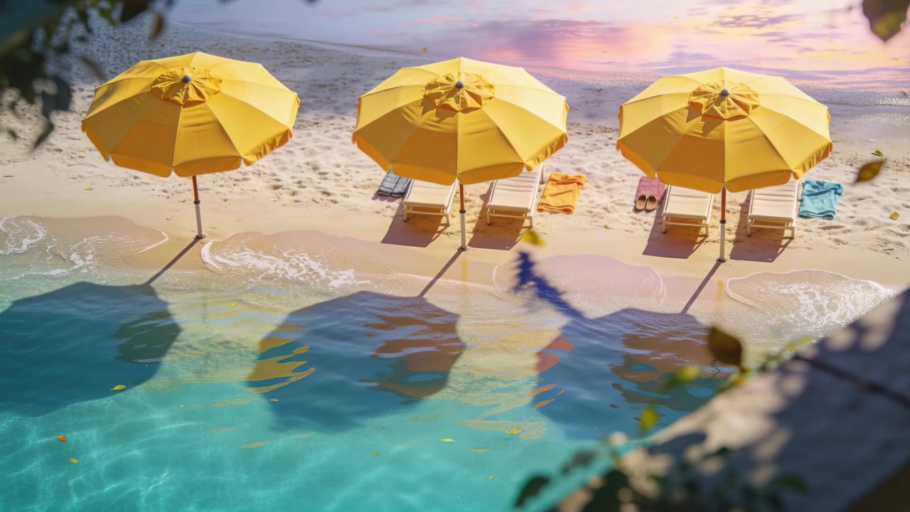 Luce solare che proietta 3 ombrelloni che si riflettono sull'acqua di una spiaggia di un resort, con una silhouette che cammina lungo la riva.