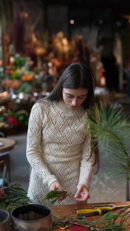 mujer creando un arreglo floral de navidad