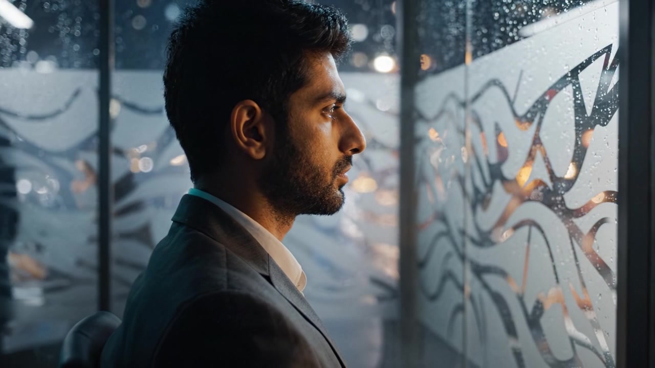 Contemplative Moment: A Profile View of a Man in a Suit Gazing Thoughtfully Through Rain-Drenched Window, Surrounded by Artistic Designs and City Lights