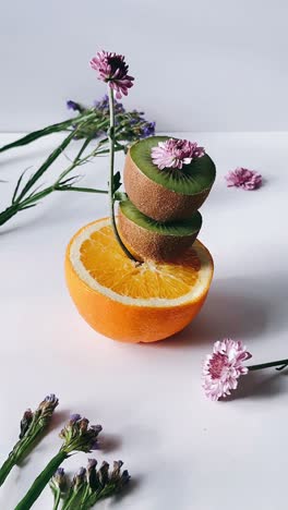 kiwi and orange fruit arrangement with flowers