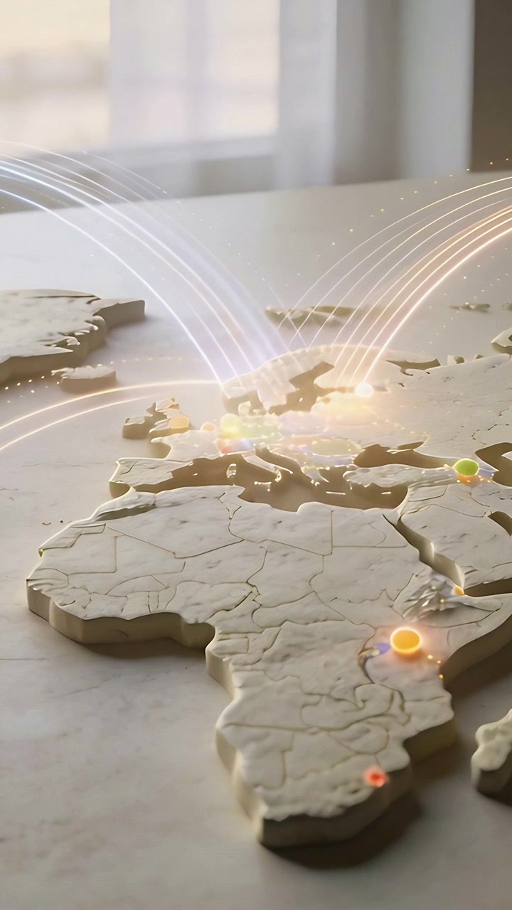 Pystysuuntainen video: Animoitu kohokuvioitu Euroopan karttakeskus lähettää kaaria ikkunan kautta yhdistäen valaistuja solmuja
