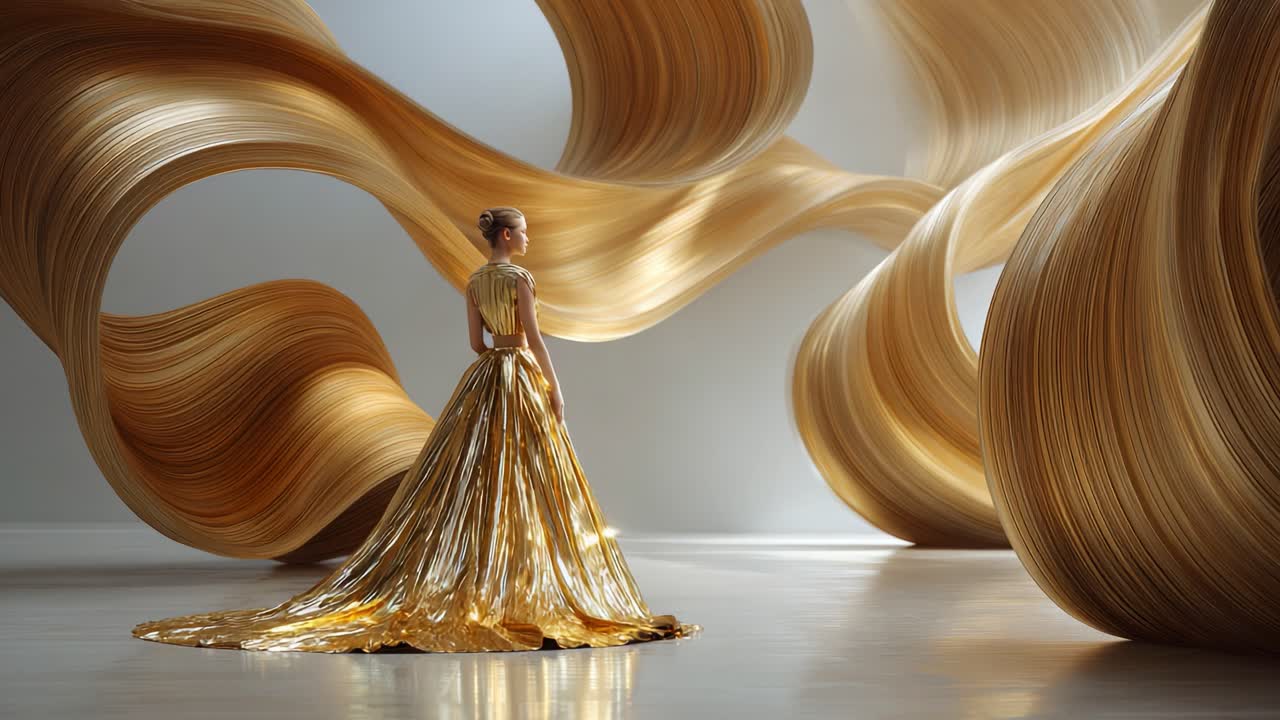 Elegant woman in a golden dress with flowing blonde hair
