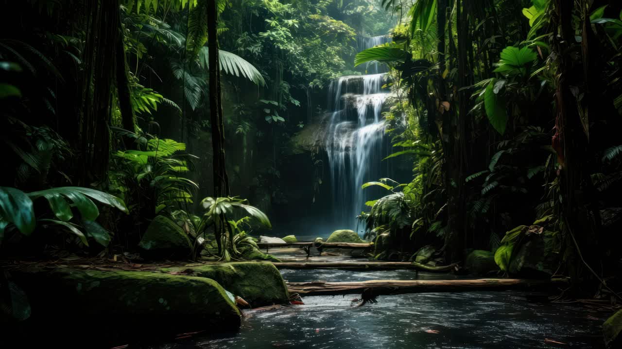 Scena di giungla lussureggiante con una cascata d'acqua, ripresa da un'angolazione bassa, creando un'esperienza immersiva