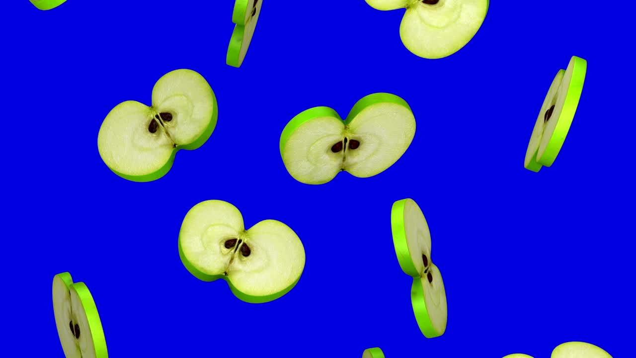 Round slices of green apple falling on blue screen, seamless loop, CG