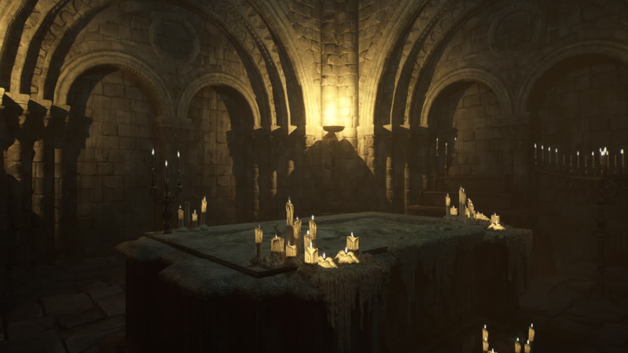 Dimly lit chamber with candles and stone invites exploration