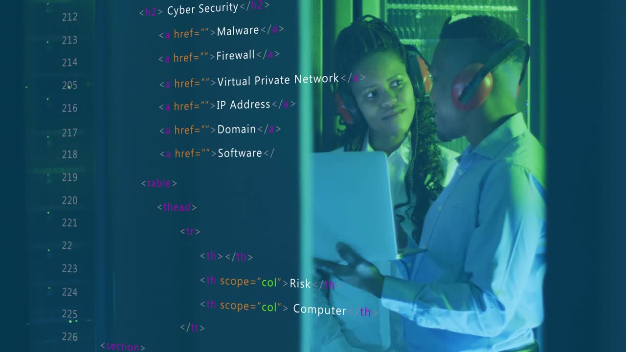 IT professionals holding laptop and scrolling code overlay while reviewing cybersecurity list